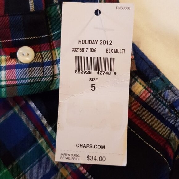 Chaps plaid boys size 5 long sleeved shirt, plaid, 2 pockets NWT - Picture 2 of 4